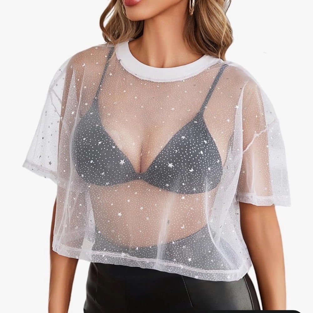 Sheer Star Mesh Crop Top - White